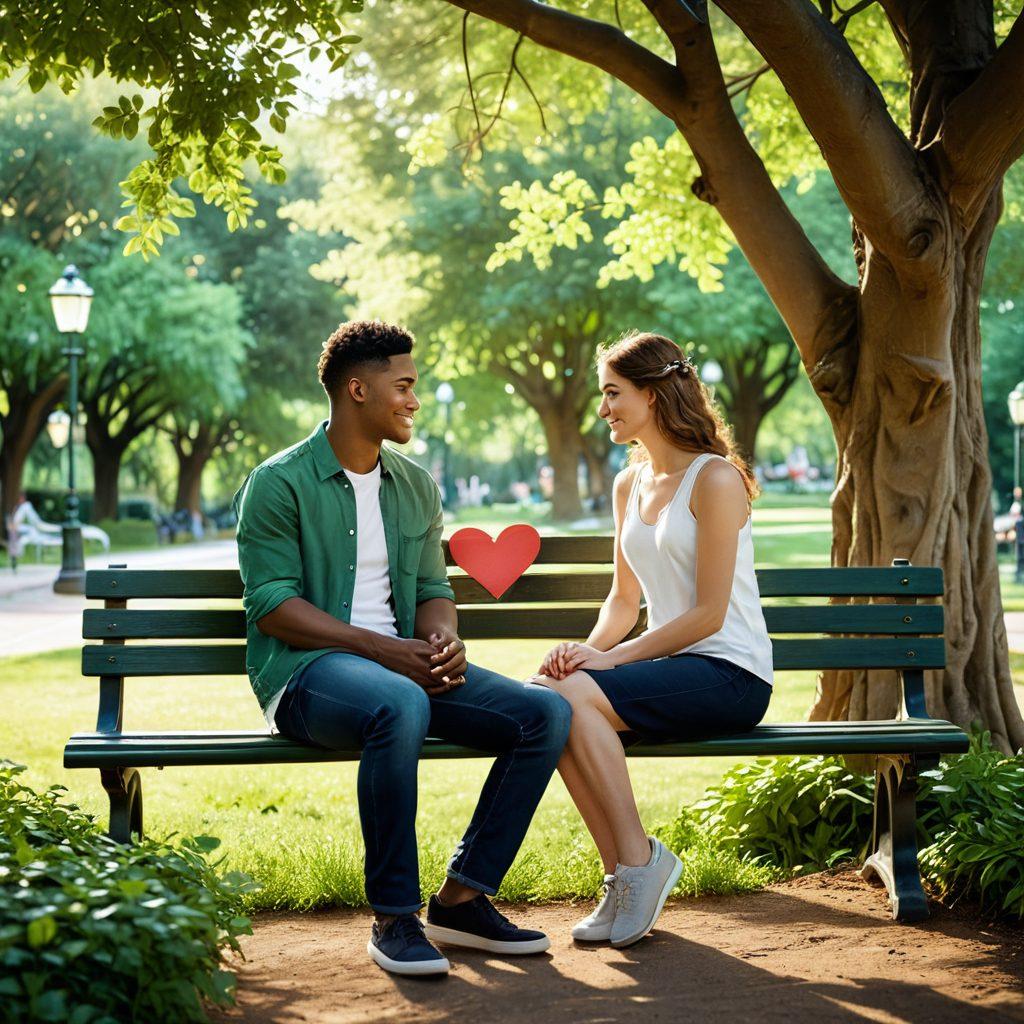 A beautifully intertwined couple sitting on a park bench, deeply engaged in a heartfelt conversation, with soft sunlight filtering through the leaves. Surround them with symbols of love like hearts and speech bubbles, representing their intimate communication. The background should be a lush green landscape, enhancing the feeling of serenity and connection. Use warm and inviting colors to evoke a sense of devotion and intimacy. super-realistic. vibrant colors. soft focus.