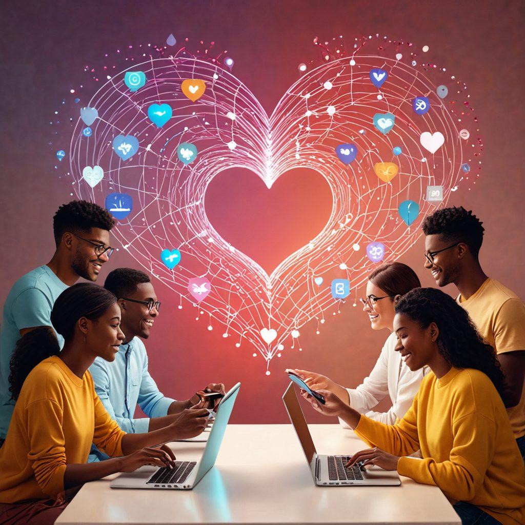 A heart-shaped digital network made of glowing nodes and connections, symbolizing online affection. In the foreground, diverse individuals engaging on various digital devices, sharing messages of love and warmth. A backdrop of social media icons and digital waves represents the interconnectedness of emotions in the digital age. The color scheme features soft pastels and warm hues to evoke a sense of affection and connection. super-realistic. vibrant colors. 3D.