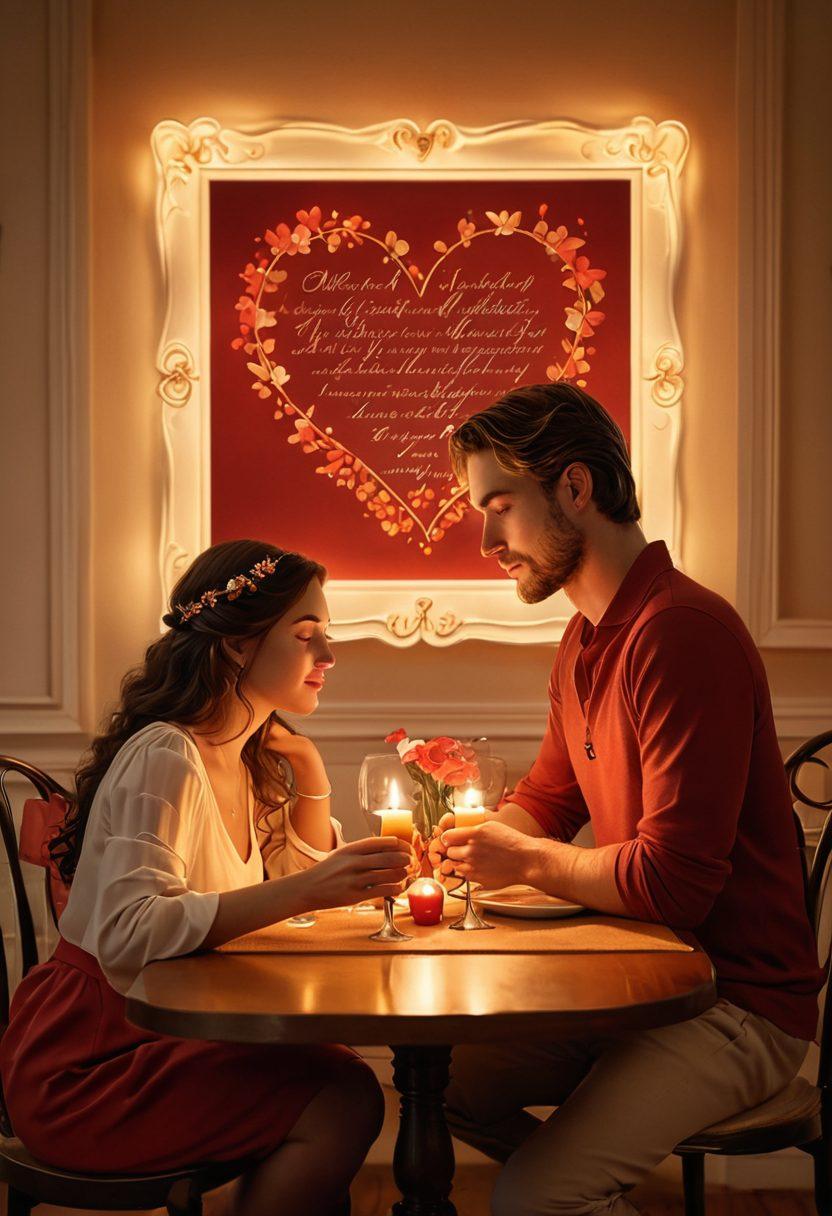 A cozy, intimate scene depicting a couple sharing a soft, loving gaze over a candle-lit dinner, surrounded by warm hues of red and gold symbolizing affection. In the background, framed quotes about love and intimacy hang on the walls, while soft music notes swirl gently around them, creating an atmosphere of warmth and connection. The table is adorned with delicate flowers and heart-shaped decorations. super-realistic. vibrant colors. warm lighting.
